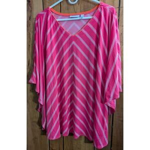 Susan Graver Liquid Knit Top Plus Size 3X XXX Striped PInk‎ White Short Sleeves